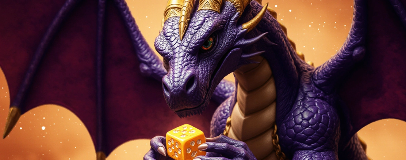 A majestic purple Valor dragon holding a giant yellow die with diamonds