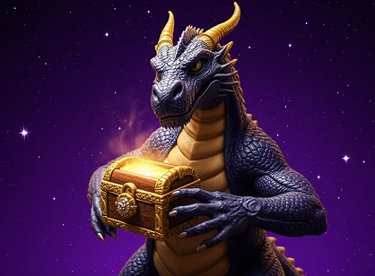 A powerful dragon from Valor Bet holding a glowing treasure chest