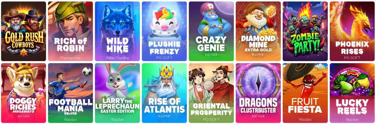 A selection of popular and vibrant Valor Casino slots games with different themes